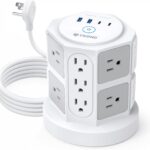TROND Tower Power Bar Surge Protector with USB C, 14 Widely Spaced Outlets, 6ft Flat Plug Extension Cord Indoor, Vertical Desk Charging Station for Home Office Dorm Room Essentials, White