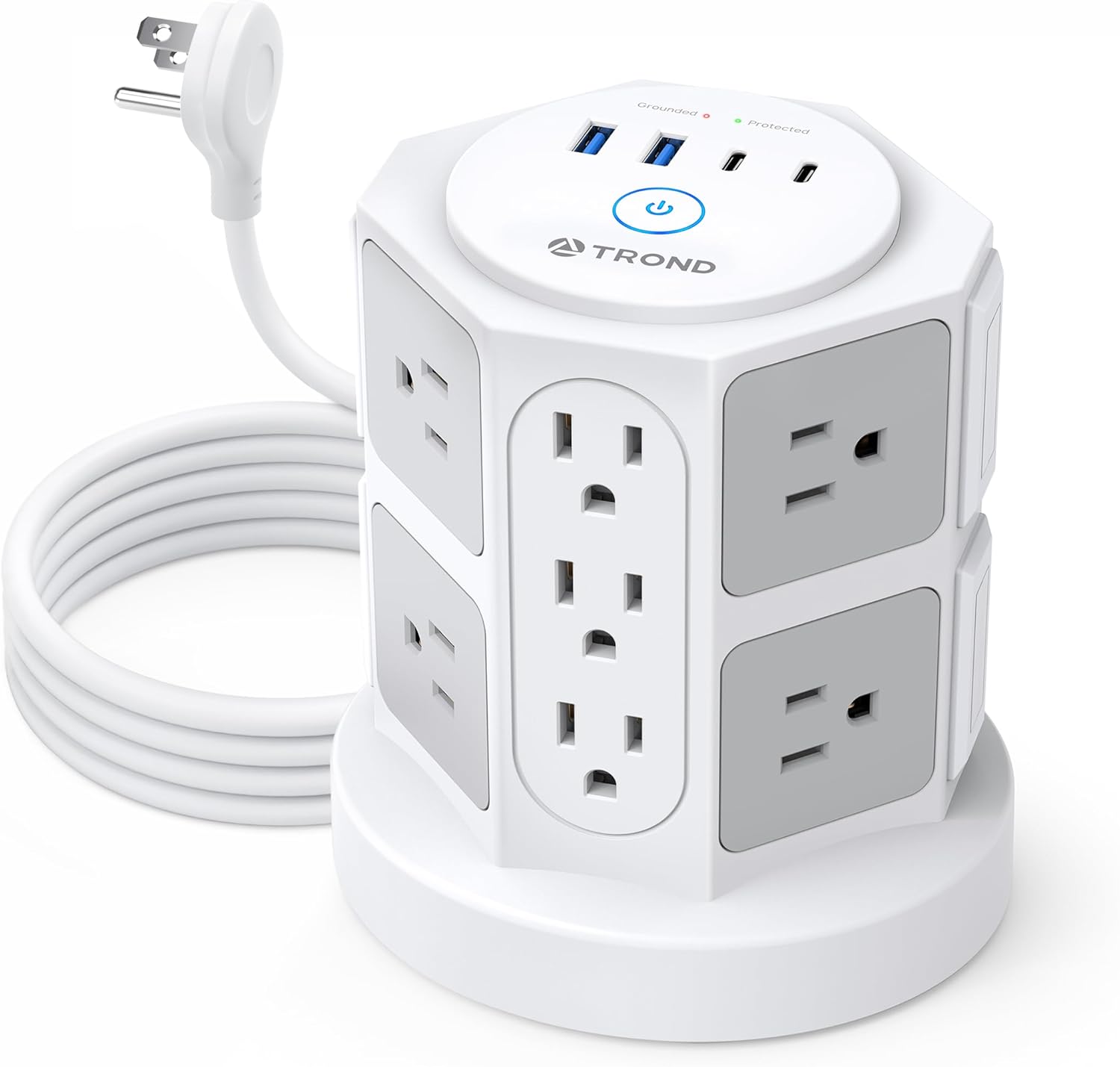 61KiUQLVqTL._AC_SL1500_ TROND Tower Power Bar Surge Protector with USB C, 14 Widely Spaced Outlets, 6ft Flat Plug Extension Cord Indoor, Vertical Desk Charging Station for Home Office Dorm Room Essentials, White - Image 1