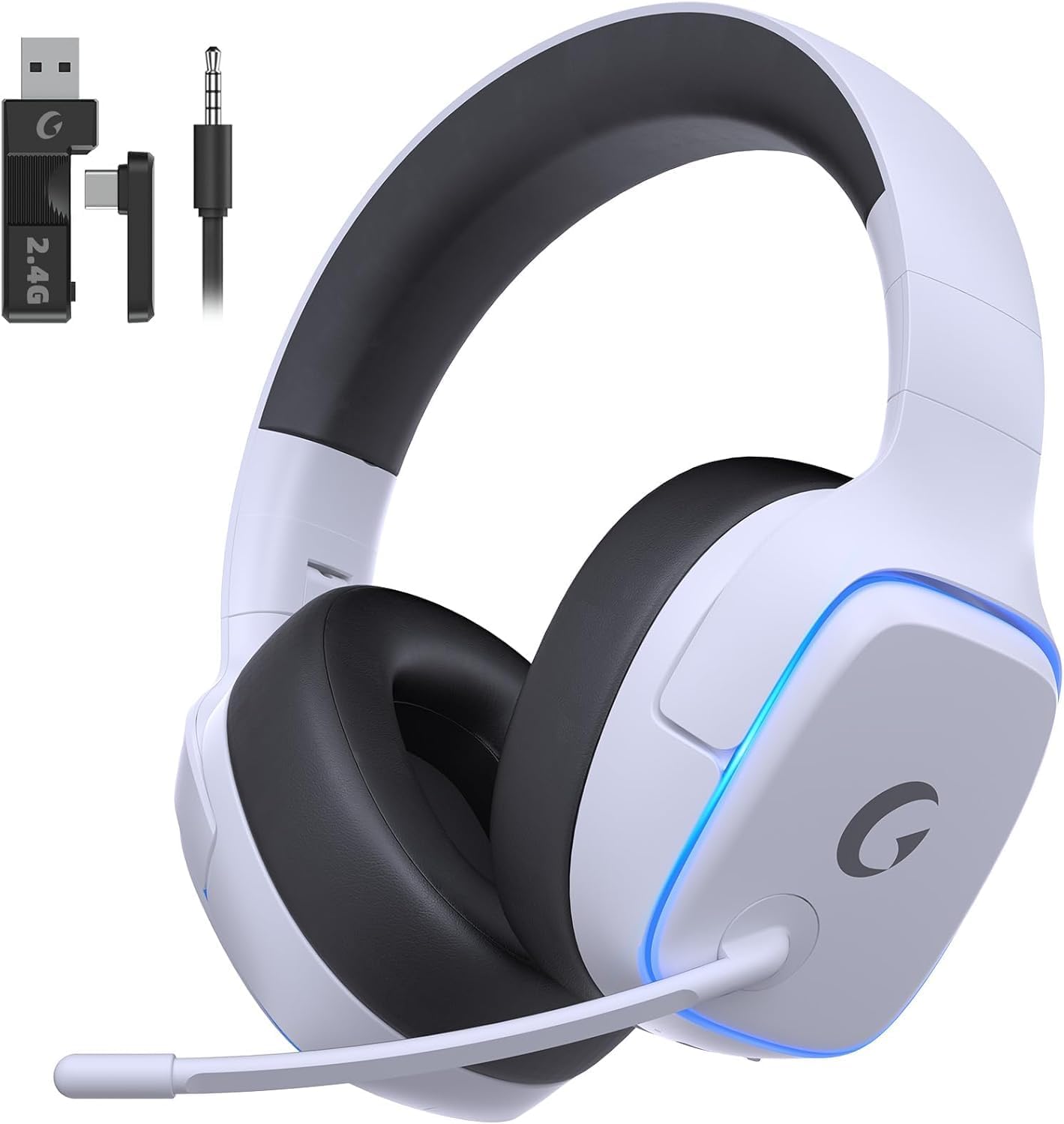 61OwKeQV0qL._AC_SL1500_ 2.4GHz Wireless Gaming Headsets for PS5, PS4, PC, Switch - Bluetooth 5.3 Gaming Headphones with Noise Canceling Mic, 7.1 Surround Sound, 70H Battery, Blue Lighting - White - Image 1