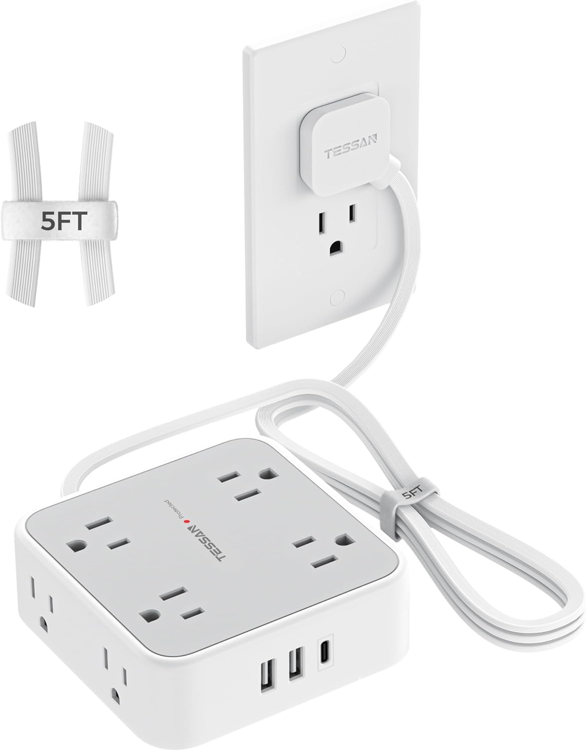 61fkJCZU7iL._AC_SL1500_ Flat Plug Power Bar, TESSAN 5 Ft Extension Cord Indoor with 8 Multi Outlets and 3 USB (1 USB C), Surge Protector Power Strip, Wall Mount Charging Station for Home Office Dorm, Gray - Image 1