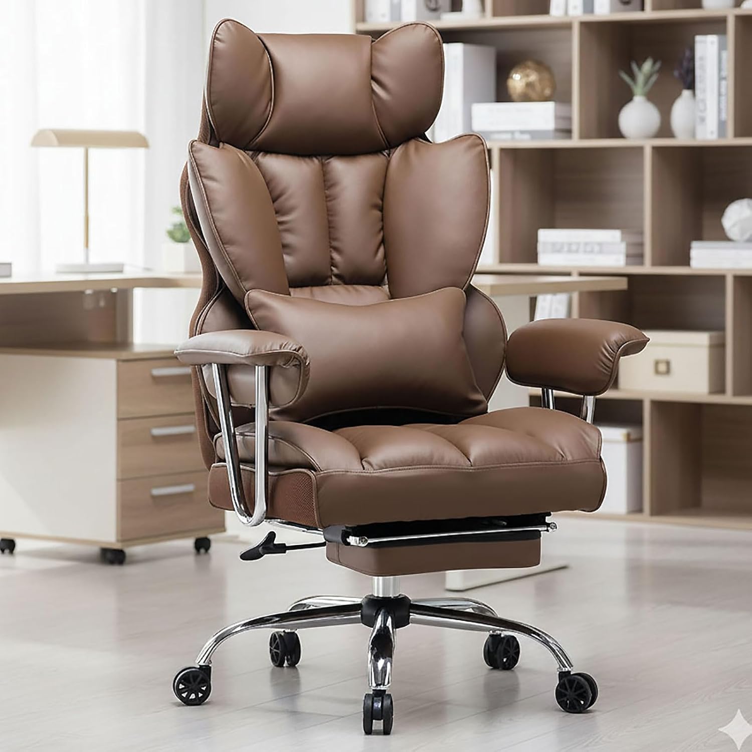 71Acr2bjVwL._AC_SL1500_ Efomao Desk Office Chair 400LBS, Big High Back PU Leather Computer Chair, Executive Office Chair with Leg Rest and Lumbar Support, Brown Office Chair - Image 1