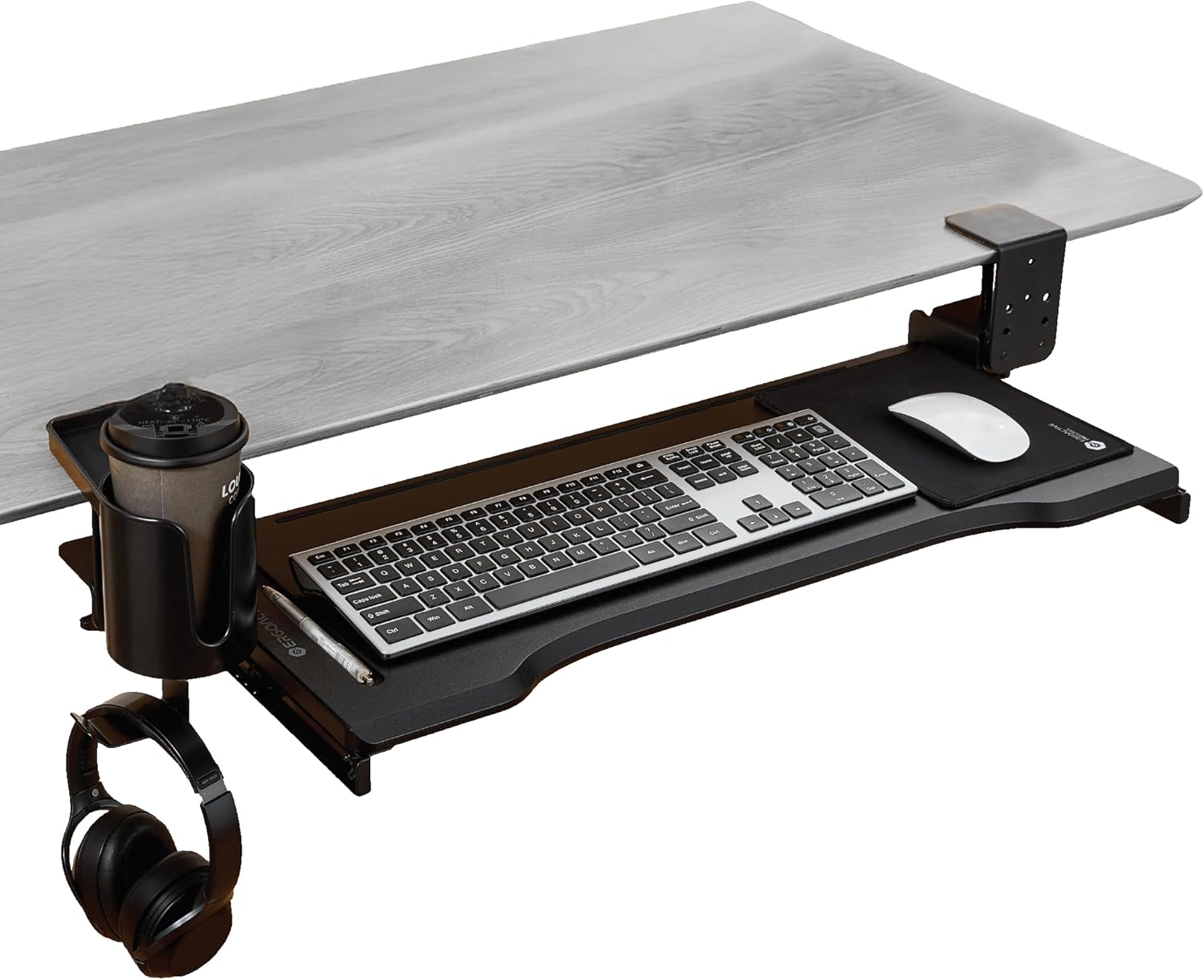 71Yzskc0kdL._AC_SL1500_ ErgoActive MDF Wooden Under Desk Keyboard Tray with Cup Holder, Clamp On Easy Install, Includes Mouse Pad, Ergonomic Wood Keyboard Tray for Office, Home, School and Gaming (Black) - Image 1