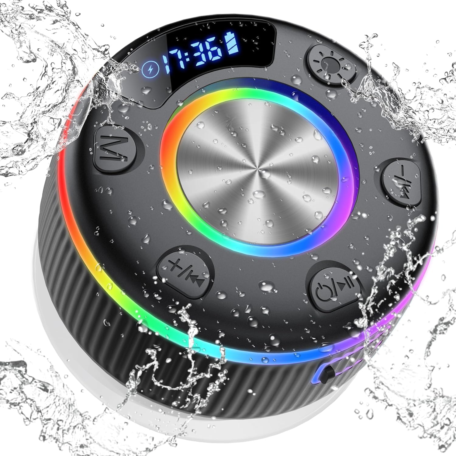 71gbX08mMvL._AC_SL1500_ Bluetooth Speaker, Portable Bluetooth 5.3 Shower Speaker Wireless, IP7 Waterproof Mini Speaker with RGB Lights, Suction Cup, Stereo Bass, for Bathroom Party Travel Outdoor, Gift - Image 1