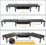 ETHU Dual Monitor Stand Riser for Desk, Computer Desk Monitor Stands for 2 PC monitors, Computer, Laptop and Printer, 3 Adjustable Shelf Length and Angle Desktop Stand with Phone Holder and Drawer, Office Supplies, Computer Accessories(Black) - Image 4