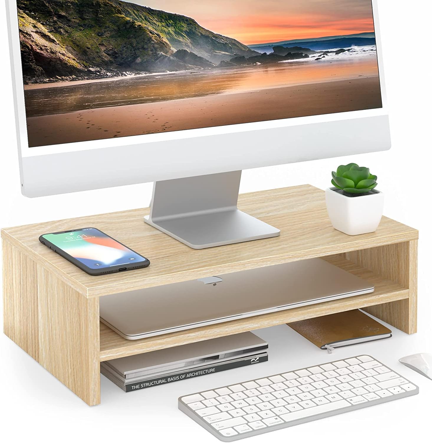 71utVmGVMDL._AC_SL1500_ FITUEYES Computer Monitor Stand 16.7 inch 2 Tiers Laptop Riser with Storage Shelf Wooden Desk Organizer for Home Office Use (Oak) - Image 1