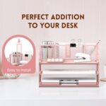 SUPEASY 3 Tier Desk Organizer with Handle & 3 Pen Holders, Mesh Paper/File Organizer for Desk, Paper Letter Tray Organizer for Office Supplies (Pink) - Image 2