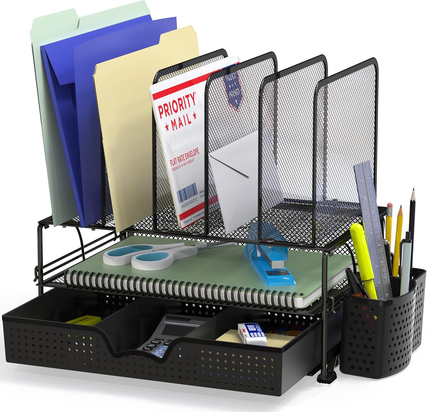 91DUmkaTjBL._AC_SL1500_ SimpleHouseware Desk File Organizer for Office Stationery with Sliding Drawer, Double Tray, Pencil Holder, and 5 Upright Sections, Black - Image 1
